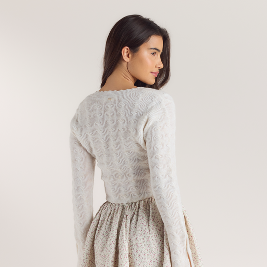 Fluted Sleeve Knitted Cardigan - Cream