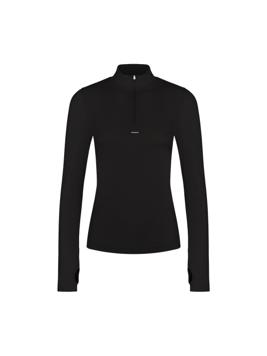 Womens 99% Bio-Based Zipped Long Sleeve Top—Black