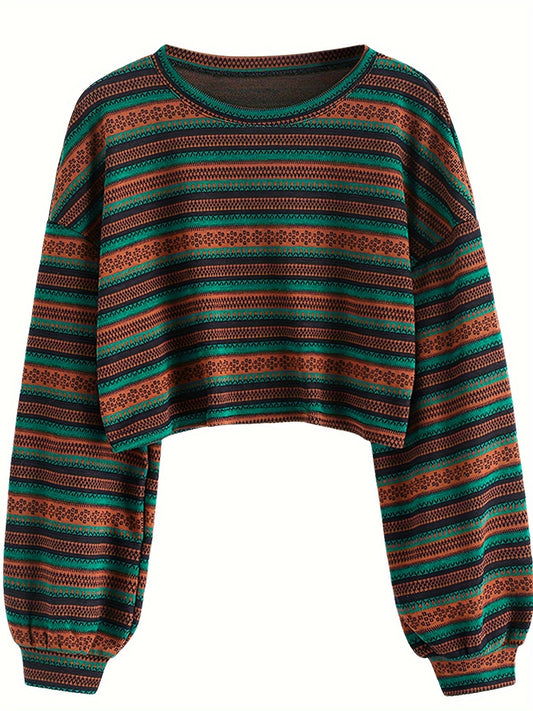 Women's Boho Tribal Stripe Cropped Knit Top