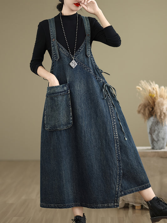 Women's Denim Pinafore Maxi Dress (Vintage Cottagecore Style)