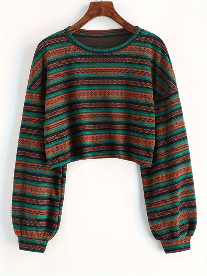 Women's Boho Tribal Stripe Cropped Knit Top