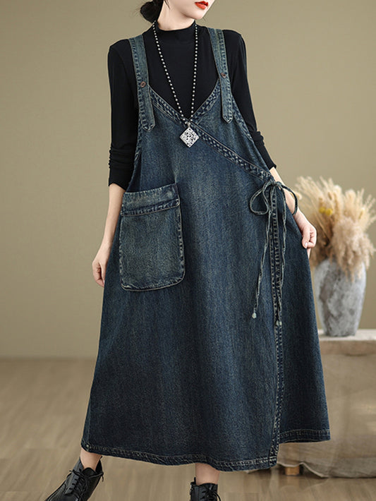 Women's Denim Pinafore Maxi Dress (Vintage Cottagecore Style)