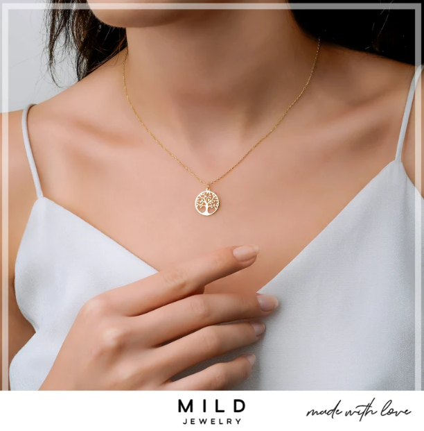 14k Solid Gold Tree of Life Necklace: Family Medallion Pendant