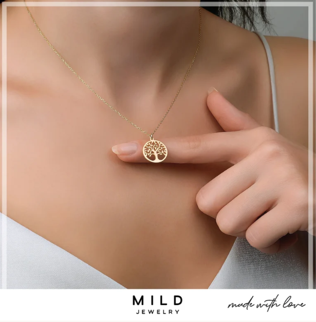 14k Solid Gold Tree of Life Necklace: Family Medallion Pendant