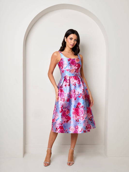 Plus Size Sleeveless Floral Fit and Flare Midi Dress in Blue