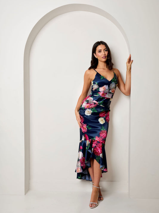 Sleeveless Floral Print Ruffle Hem Midi Dress in Navy