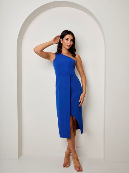 One Shoulder Split Detail Midi Dress in Cobalt