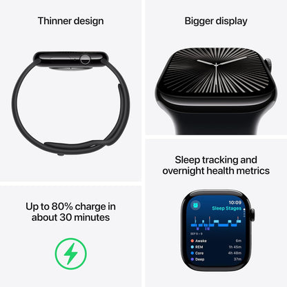 Apple Watch Series 10 GPS (46mm) - Jet Black Aluminum Case with Black Sport Band (M/L), Fitness Tracker, ECG, Always-On Retina Display, Water-Resistant