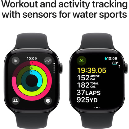 Apple Watch Series 10 GPS (46mm) - Jet Black Aluminum Case with Black Sport Band (M/L), Fitness Tracker, ECG, Always-On Retina Display, Water-Resistant
