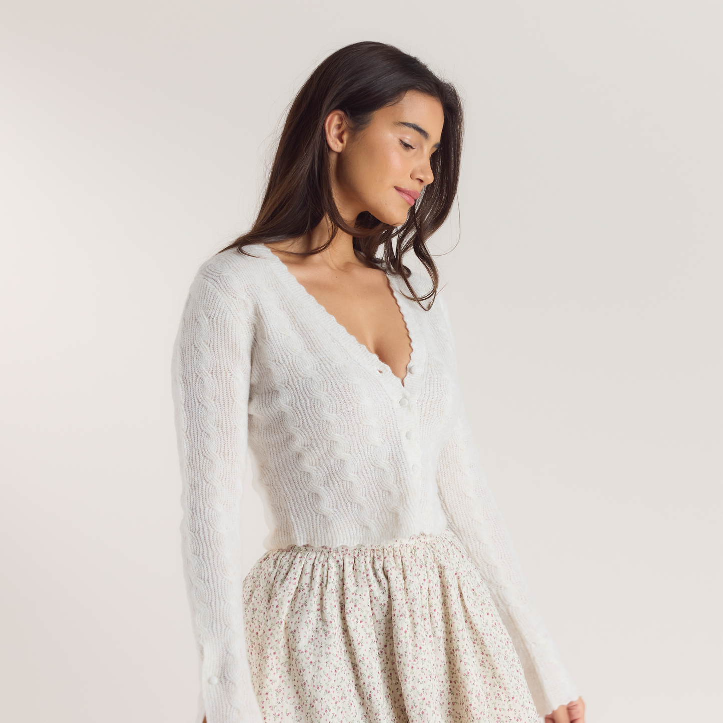 Fluted Sleeve Knitted Cardigan - Cream