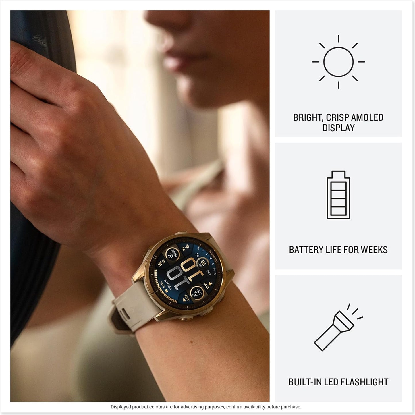 Garmin fēnix 8 Premium Multisport GPS Smartwatch – 43mm Whitestone with AMOLED Display & Built-in LED Flashlight