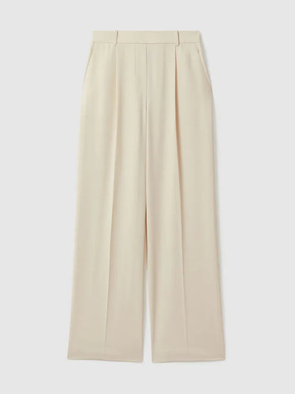 Reiss Cream Eden Elasticated-Waist Wide-Leg Twill Trousers