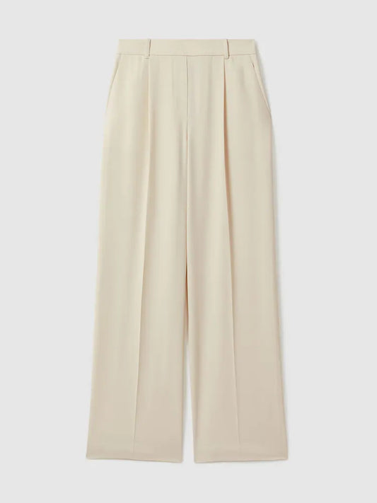 Reiss Cream Eden Elasticated-Waist Wide-Leg Twill Trousers
