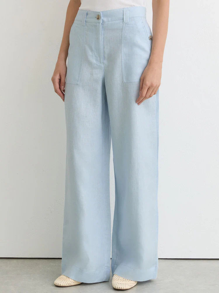 Reiss Dusty Blue Ashby Petite Linen Wide-Leg Trousers