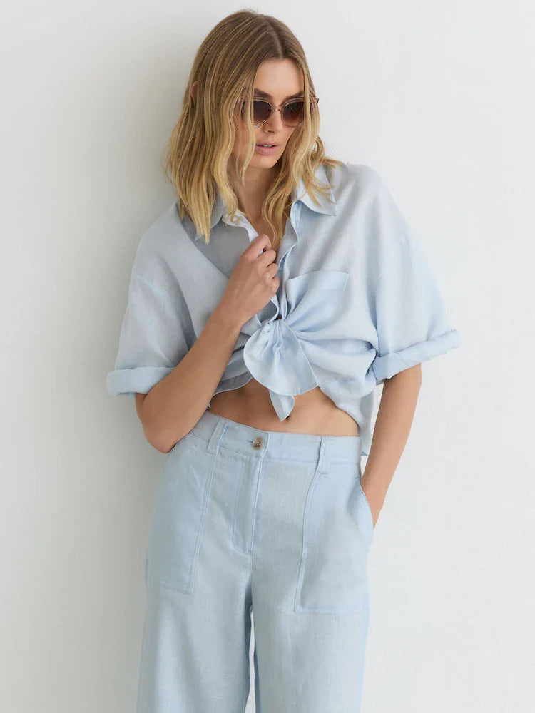 Reiss Dusty Blue Ashby Petite Linen Wide-Leg Trousers