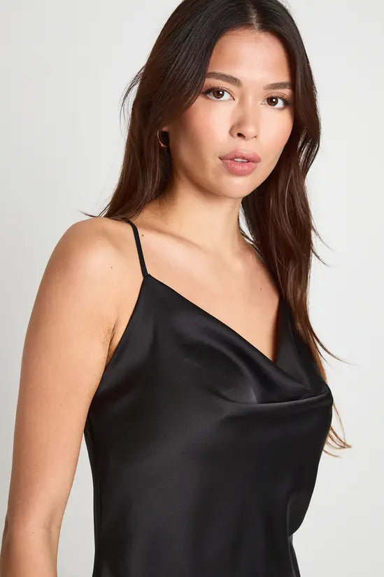 Mini Fallon Cowl-Neck Slip Dress — Black
