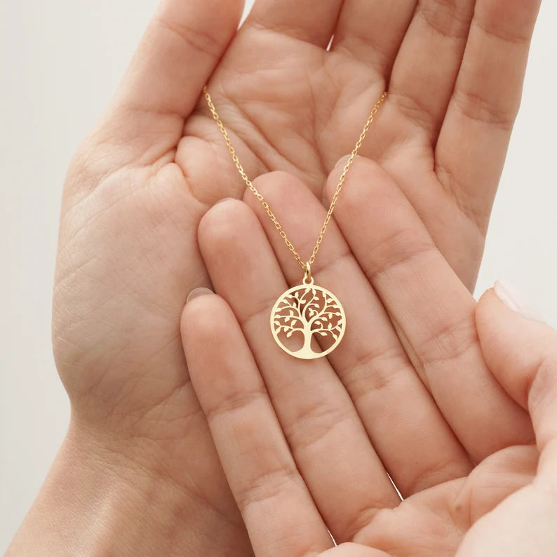 14k Solid Gold Tree of Life Necklace: Family Medallion Pendant